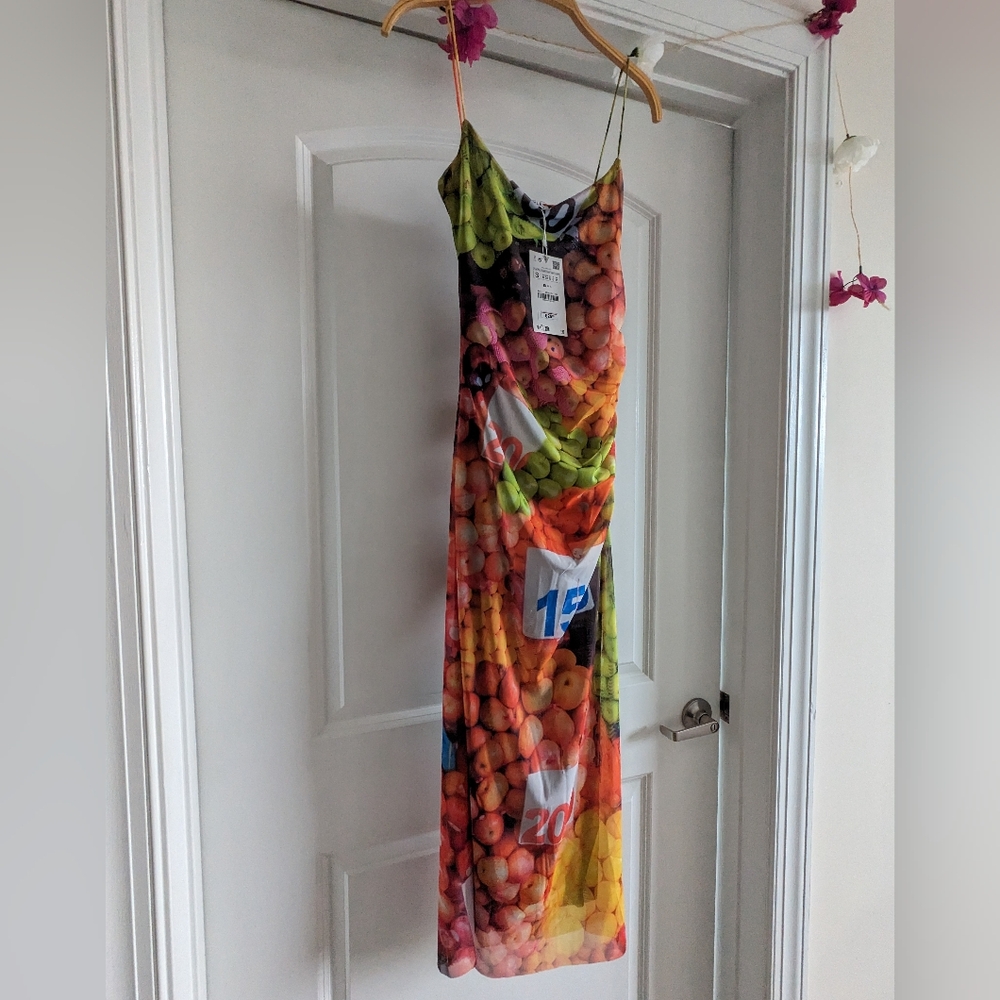 ZARA WATERCOLOR VIBRANT FLORAL FRUIT PRINT MESH MIDI SHEATH SLIP DRESS Size S - Picture 9 of 14